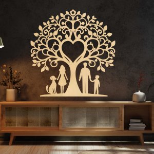 Семейно дърво от дърво за стената - баща, майка, син и куче