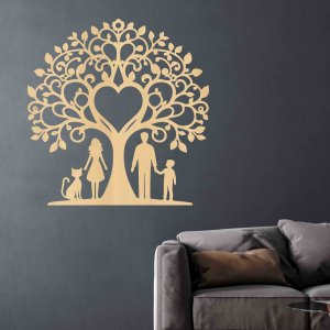 Семейно дърво от дърво за стената - мама, татко, син и котка