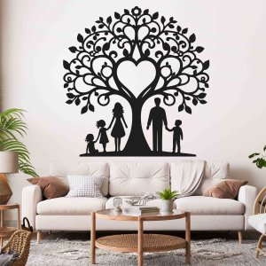Семейно дърво от дърво за стената - мама, татко, две дъщери и син