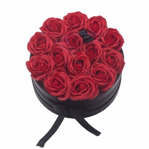 Подаръчна кутия от сапунени цветя - 14 червени рози - кръг